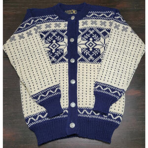 Norlaender Blue Cream 100% Wool Cardigan Sweater with Pewter Buttons Sz L